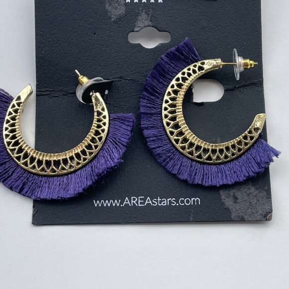 AREA Jewelry Earrings Gold Tone hoops Post Purple Fringe Fabric - Picture 4 of 12